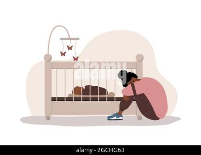 Dépression post-partum. Femme africaine fatiguée assise sur le sol, pleurant et embrassant ses genoux. La jeune mère a besoin d'aide psychologique. Troubles de l'humeur Illustration de Vecteur