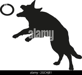 Silhouette de chien noire. Le chiot de berger allemand saute pour son arrache. Animaux de compagnie. Isolé sur un fond blanc. Illustration vectorielle. Illustration de Vecteur