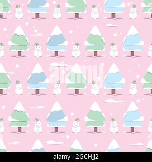 Mignon vecteur d'épinette ou arbre de Noël avec bonhomme de neige, couleur pastel, motif vectoriel sans couture. Le concept de Noël et d'hiver Design saison Banque D'Images