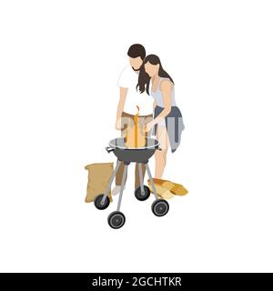 Couple cuire barbecue grill, barbecue vecteur de partie. Un homme et une femme adorables qui s'embrasse et regardent à travers le feu de camp. Préparation du barbecue pendant la fête à l'extérieur. Vecteur illus Illustration de Vecteur