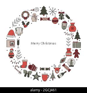 Illustration de Noël vectoriel avec un ensemble d'icônes dans un rond avec un endroit pour le texte. Illustration de Vecteur