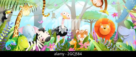 Zoo de la jungle animaux dans la forêt tropicale pour les enfants Illustration de Vecteur