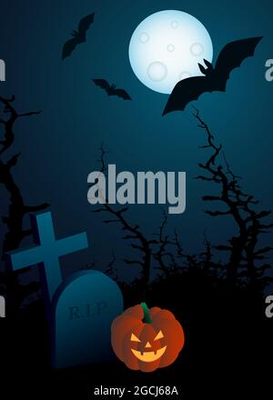 Une circulaire pour une fête d'Halloween. Une lune brillante avec silhouettes de chauves-souris contre le ciel sombre et une forêt terrible avec un cimetière Illustration de Vecteur