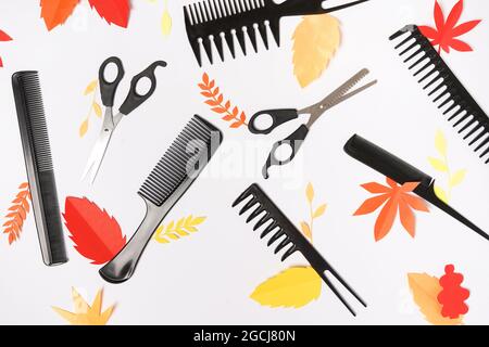 Coiffeur professionnel outils brosses à cheveux avec feuilles de papier d'automne sur fond blanc Banque D'Images