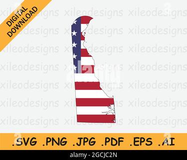 Carte du Delaware sur drapeau américain. DE, USA State Map on US Flag. Icône EPS Vector Graphic Clipart Illustration de Vecteur