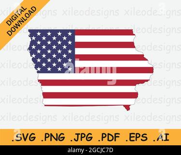 Carte de l'Iowa sur drapeau américain. IA, carte de l'État des États-Unis sur drapeau des États-Unis. Icône EPS Vector Graphic Clipart Illustration de Vecteur