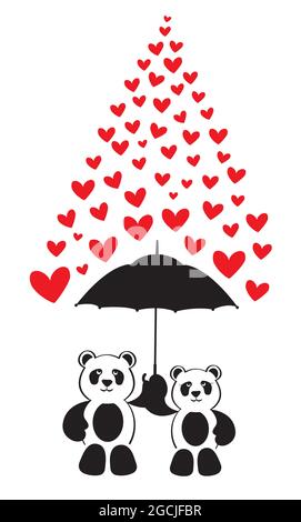 Panda ours tenant parapluie, vecteur. Illustration de cœurs de pluie. Illustration de dessin animé. Décalcomanies murales pour enfants isolées sur fond blanc. Art mural, art Illustration de Vecteur