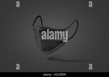 Maquette de masque de visage en tissu noir vierge, arrière-plan sombre, rendu 3d. Maquette de bandage textile médical vide, vue latérale. Protection transparente, port de respiration Banque D'Images