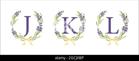 LETTRE A B C. Définir des illustrations d'esquisse modernes dessinées à la main. Couronne de fleurs de lavande avec monogramme d'alphabet. Bonne idée pour le décor de mariage. Vintage Illustration de Vecteur