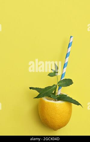 Limonade de fruits au citron, paille de papier et feuilles de menthe Banque D'Images