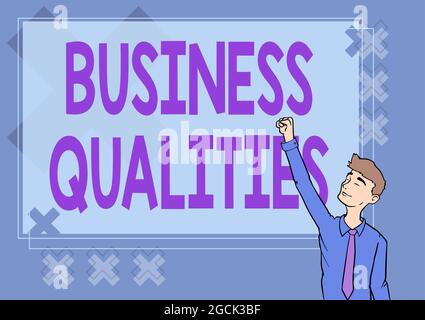 Affiche présentant des qualités commerciales. Concept : répondre aux besoins et aux attentes des clients Happy Man Illustration Tableau d'affichage permanent Banque D'Images