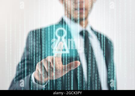 Man enetring code, Cyber Security Access lock on binary Matrix green background protection des données en ligne Internet. Illustration de haute qualité Banque D'Images