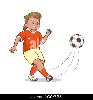 Boys football Player Orange shirt Shert joue football Kicking ball Vector , plat, dessin animé Illustration de Vecteur