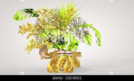 Luxueux bouquet oriental et dragon chinois - un symbole de bien-être, design intérieur, rendu 3D. Banque D'Images