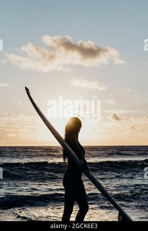 Vue latérale d'une surfeuse féminine méconnue avec promenade en planche de surf dans l'eau de mer au coucher du soleil sur Lanzarote