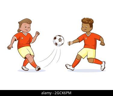 Jeunes joueurs de football vêtus de t-shirts et pantalons orange Kicking ballon de football isolé vecteur, plat, style de dessin animé, bande dessinée Illustration de Vecteur