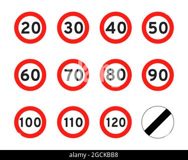 Limite de vitesse 120, 110, 20, 30, 40, 50, 60, 70, 80, 90, 100, route ronde icône signe plate style design vecteur illustration ensemble isolé sur blanc ba Illustration de Vecteur