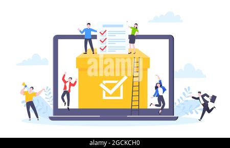 Concept de vote en ligne modèle plat dessin illustration vectorielle. Des personnes minuscules avec sondage de vote en ligne de l'enquête de travail ensemble. Illustration de Vecteur