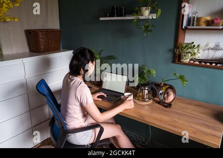Vue latérale d'une femme asiatique indépendante lisant des documents sur un ordinateur portable tout en étant assise à table pendant le travail à distance Banque D'Images
