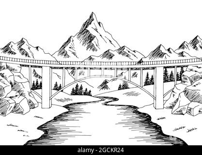 Mountain Bridge River graphique noir blanc paysage dessin illustration vecteur Illustration de Vecteur