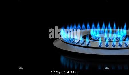 détail cuisinière à gaz avec flamme sur fond noir. rendu 3d Banque D'Images