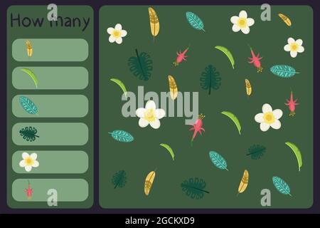 Mini jeu mathématique pour enfants - comptez combien de fleurs tropicales - monstère, fuchsia, plumes, feuille de banane. Jeux éducatifs pour enfants. Modèle de dessin animé Illustration de Vecteur