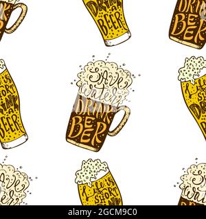 Buvez de la bière en lettres dessinées à la main et sans couture. Octoberfest bière amateurs texture sans couture. Illustration de Vecteur