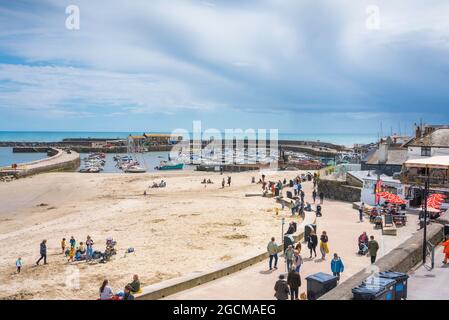 Lyme Regis Beach, vue sur la plage abritée de Lyme Regis avec le célèbre mur de port de rafle visible au-delà, Dorset, Angleterre, Royaume-Uni Banque D'Images