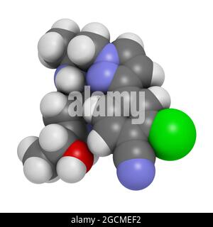 Molécule de médicament pour le cancer de la prostate de Darolutamide. Rendu 3D. Atomes Banque D'Images