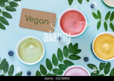 Sans lait, crème glacée aux fruits ou yaourt glacé. Composition de la nourriture d'été avec divers produits faits maison, vegan, glace aux fruits, feuilles et bleuets sur un bleu Banque D'Images