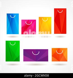 Jeu de symboles colorés pour le forfait shopping. Concept du logo Shop. Stocker l'idée de logotype. Sacs colorés en papier. Panneau de commande en ligne. Obje rouge, vert, bleu Illustration de Vecteur