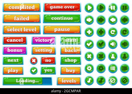 Boutons de l'interface utilisateur des jeux vidéo courants de dessin animé. Jeu 2d décontracté interface de jeu jouer, pause, arrêt, jeu sur les boutons vecteur illustration ensemble. Jeu mobile Illustration de Vecteur