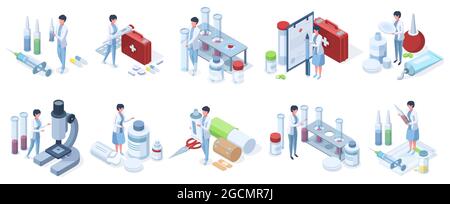 Les médecins isométriques travaillent l'industrie de la pharmacie, la recherche en laboratoire. Jeu d'illustrations vectorielles de caractères de recherche pharmaceutique, de services médicaux et de soins de santé Illustration de Vecteur