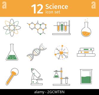 Jeu d'icônes Line science. Équipement de laboratoire de chimie comme verrerie. Modèle de molécule et d'adn, microscope pour expérimentation Illustration de Vecteur