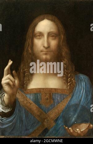 Salvator Mundi est un tableau attribué en tout ou en partie à l'artiste italien de la haute Renaissance Leonardo da Vinci, daté de c. 1499–1510. Banque D'Images