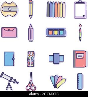 Ensemble de différentes icônes de fournitures scolaires Illustration de Vecteur