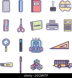 Ensemble de différentes icônes de fournitures scolaires Illustration de Vecteur