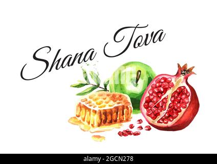 Nouvelle année juive, Rosh Hashanah, carte Shana Tova. Illustration aquarelle dessinée à la main, isolée sur fond blanc Banque D'Images