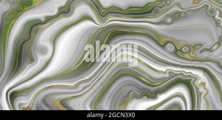 Arrière-plan abstrait effet marbre agate, texture rayures dorées. Motif abstrait en toile de marbre liquide vert pastel et doré. Illustration Banque D'Images