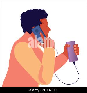 Afro-américain parlant au téléphone. Le smartphone est chargé à l'aide d'une batterie externe. Illustration couleur vectorielle plate. Nuances de gris. Isolé sur un Illustration de Vecteur