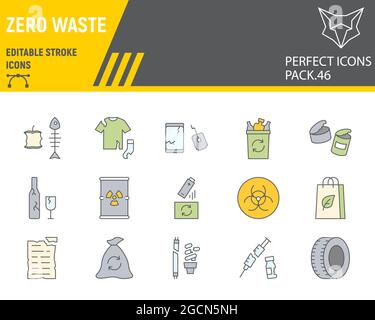 Jeu d'icônes de ligne de couleur zéro déchet, collecte de recyclage, graphiques vectoriels, illustrations de logo, icônes de vecteur zéro déchet, panneaux d'environnement, PI de contour rempli Illustration de Vecteur