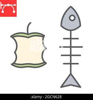 Icône de ligne de couleur de déchets organiques, noyau de pomme et squelette de poisson, icône de vecteur de déchets alimentaires, graphiques vectoriels, signe de contour rempli de trait modifiable, eps 10 Illustration de Vecteur