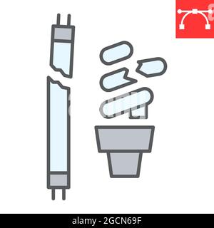 Icône de ligne de couleur de déchets de lampes fluorescentes, recyclage et écologie, icône de vecteur de déchets de lampes, graphiques vectoriels, signe de contour rempli de contour modifiable, eps 10. Illustration de Vecteur