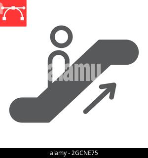 Icône de glyphe de remontée de l'escalier roulant, informations et aéroport, icône de vecteur homme sur l'escalier roulant, graphiques vectoriels, signe plein de trait modifiable, eps 10 Illustration de Vecteur