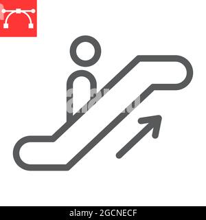 Icône de la ligne supérieure de l'escalier roulant, informations et aéroport, icône de vecteur homme sur l'escalier roulant, graphiques vectoriels, signe de contour de contour modifiable, eps 10 Illustration de Vecteur