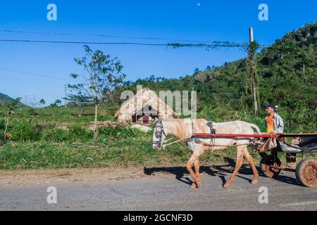 VINALES, CUBA - 18 FÉVRIER 2016 : promenades en calèche sur une route près de Vinales. Banque D'Images