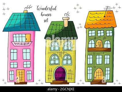 Ensemble d'illustrations de petites maisons en forme de dessin à la main. Collection d'illustrations vectorielles pour votre conception. De jolis dessins. Design pour enfants Illustration de Vecteur