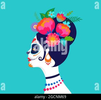 Dia de los muertos, jour des morts, vacances mexicaines, festival. Affiche, bannière et carte avec maquillage du crâne de sucre, femme avec couronne de fleur Illustration de Vecteur