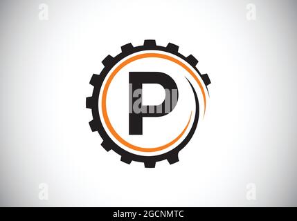 Lettre P monogramme initiale dans une spirale d'engrenage. Logo Gear ENGINEER. Logo pour l'automobile, la mécanique, la technologie, le réglage, la réparation Illustration de Vecteur