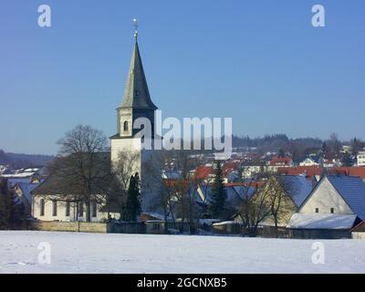 Église luthérienne de Saint-Gall à Feldstetten (partie de Laichingen) sur l'Alb souabe, district d'Alb-Donau, Bade-Wurtemberg, Allemagne Banque D'Images